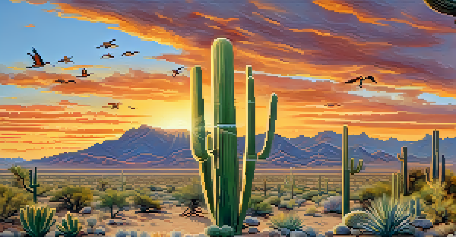 A mural saying 'Greetings from Tucson' with a desert landscape, cacti, and wildlife under a sunset.