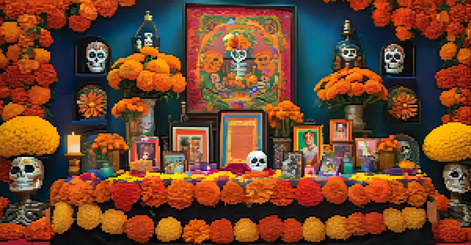 A colorful Dia de los Muertos altar with marigolds and sugar skulls, illuminated by candles, against a vibrant mural celebrating Mexican culture.