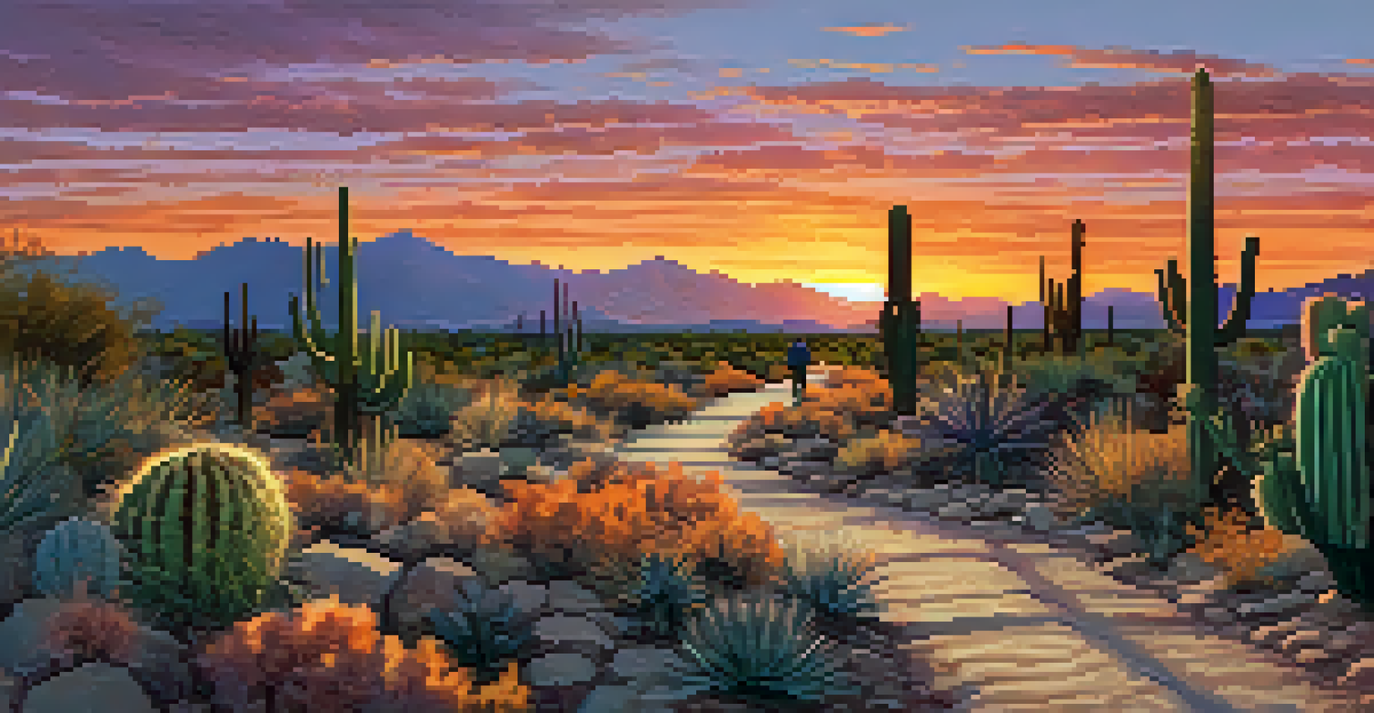 A sunset view of Tucson's rail trail with cyclists and joggers silhouetted against a colorful sky.