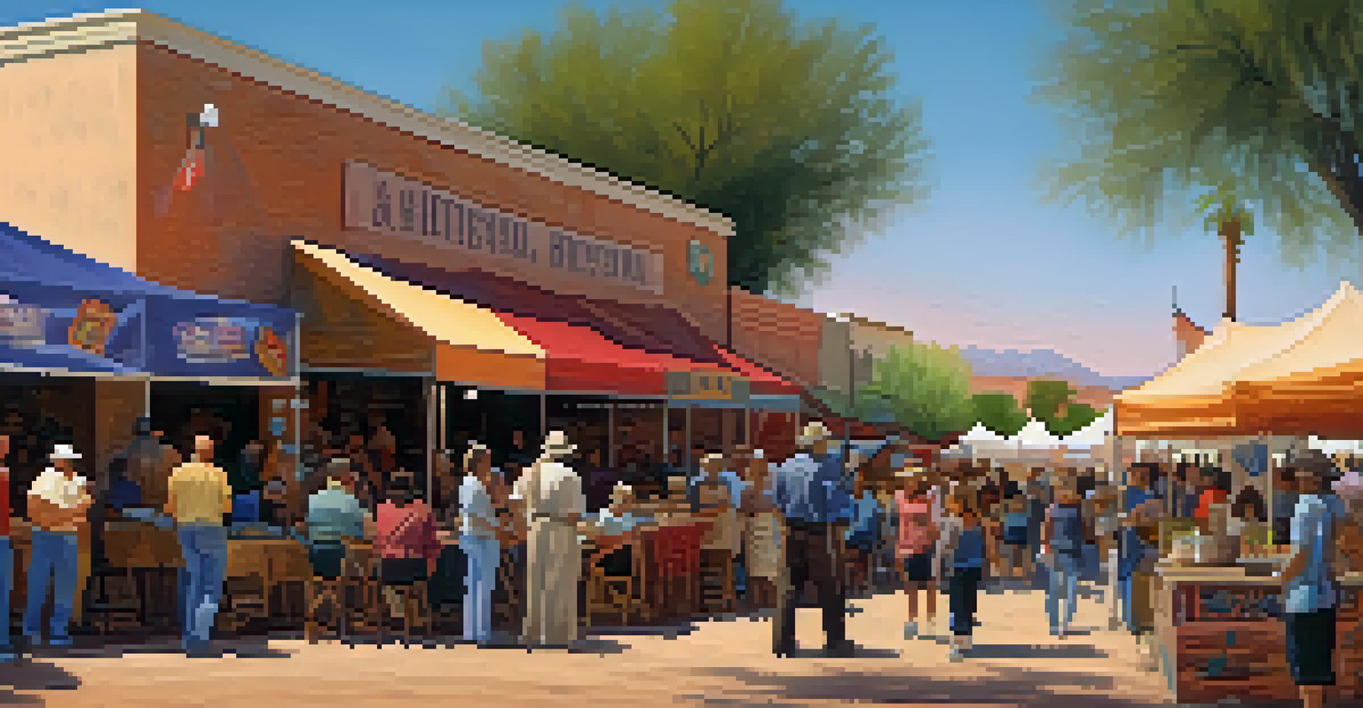 A lively community heritage festival in Tucson with residents enjoying festivities around a restored historic building during sunset.