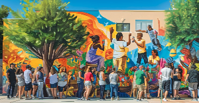A lively group of artists painting a colorful mural on a large wall, representing diverse cultures and artistic styles in a sunny outdoor setting in Tucson.