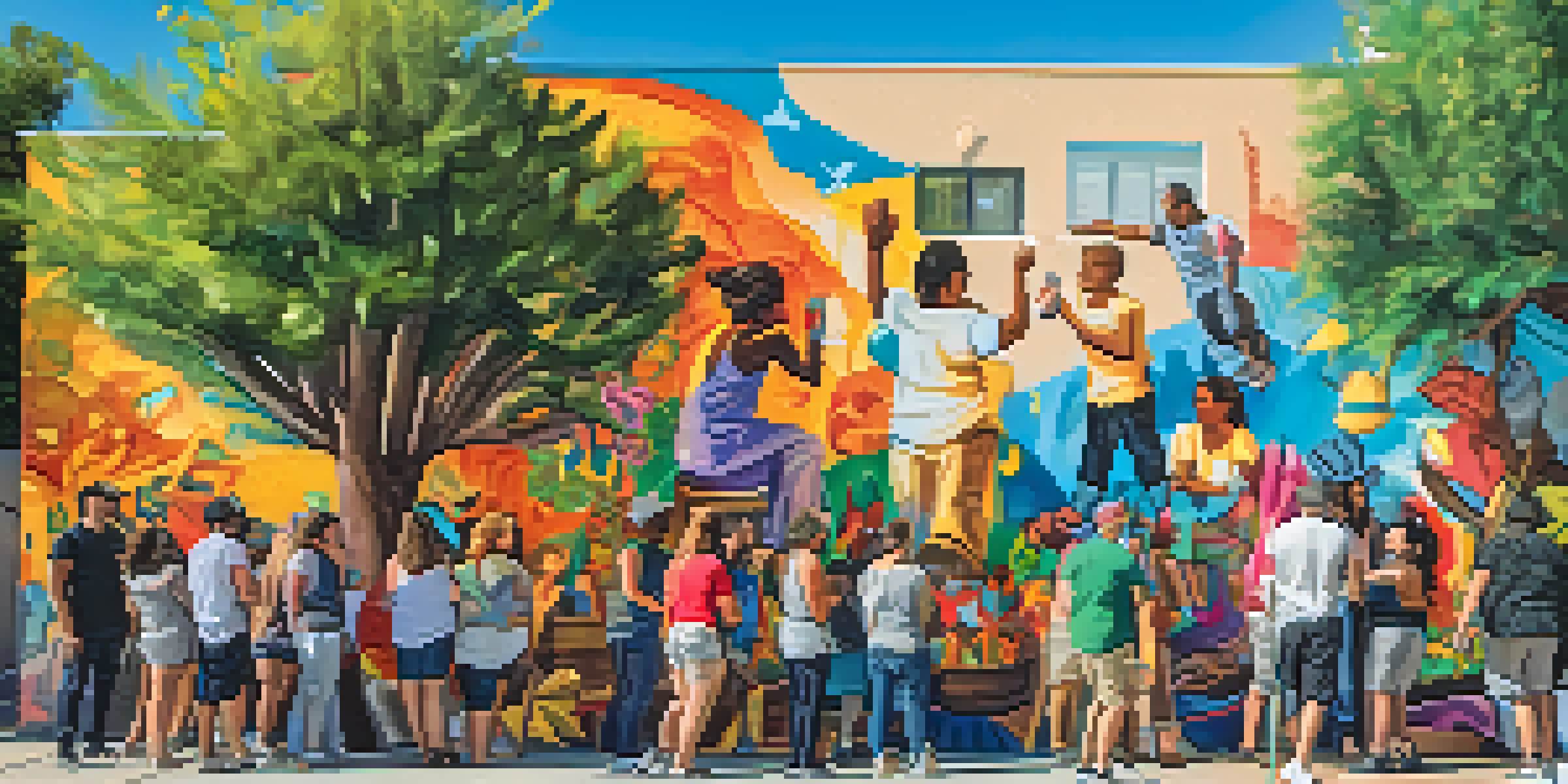 A lively group of artists painting a colorful mural on a large wall, representing diverse cultures and artistic styles in a sunny outdoor setting in Tucson.