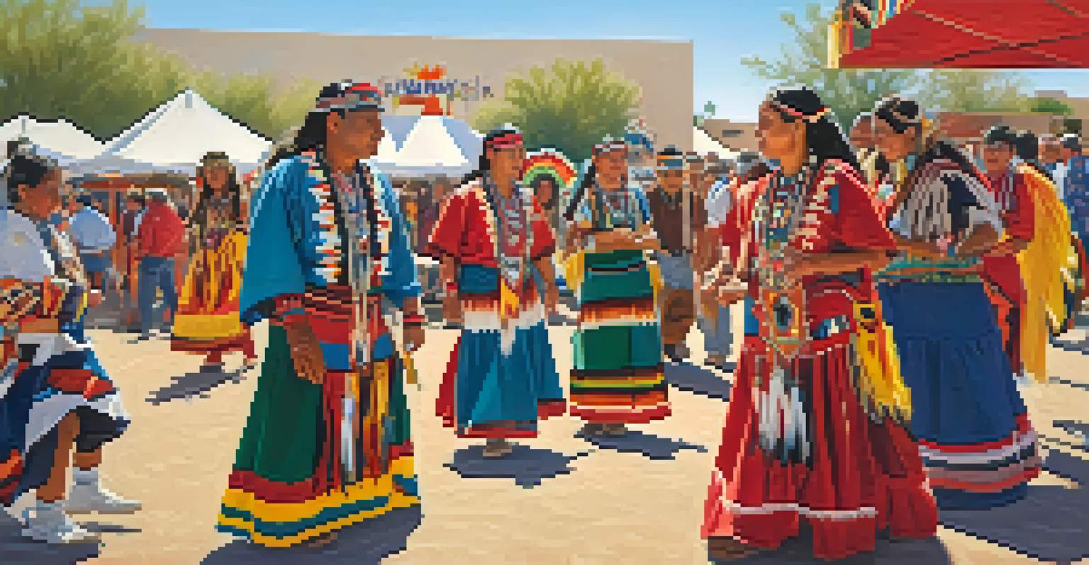 A lively cultural festival in Tucson with dancers in traditional clothing and artisans showcasing crafts.