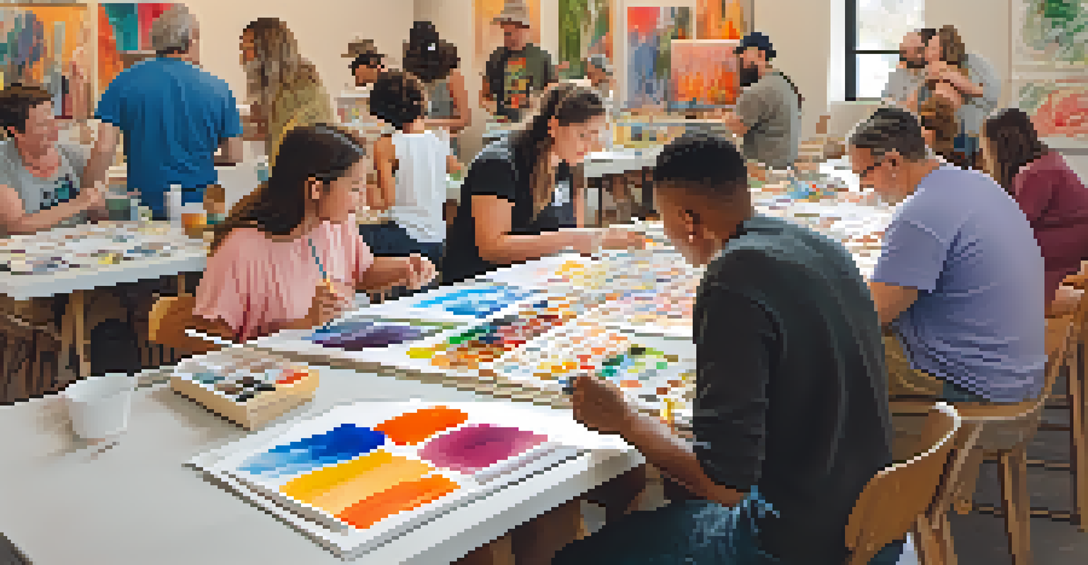 A lively art workshop in Tucson with people of different ages creating art together.