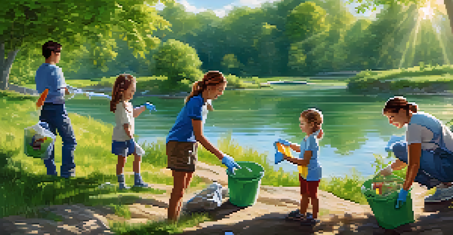 A family cleaning up a park, picking up litter by a river, surrounded by greenery and smiling.