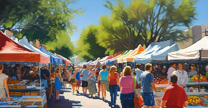 A bustling street fair with colorful vendor stalls, families enjoying food, and performers entertaining the crowd under a clear blue sky.