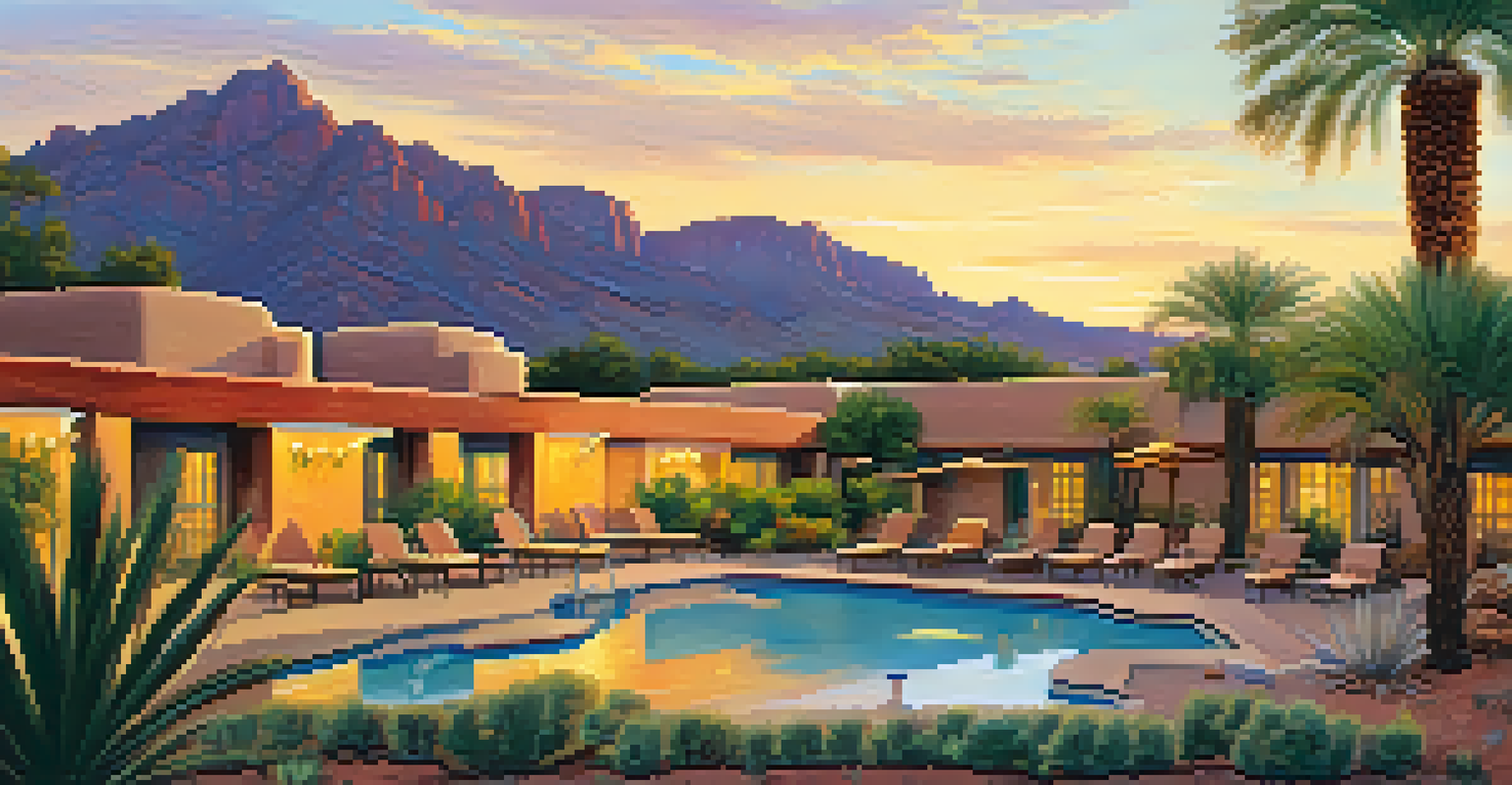 A beautiful Tucson hotel with adobe-style architecture surrounded by lush desert landscaping during golden hour.