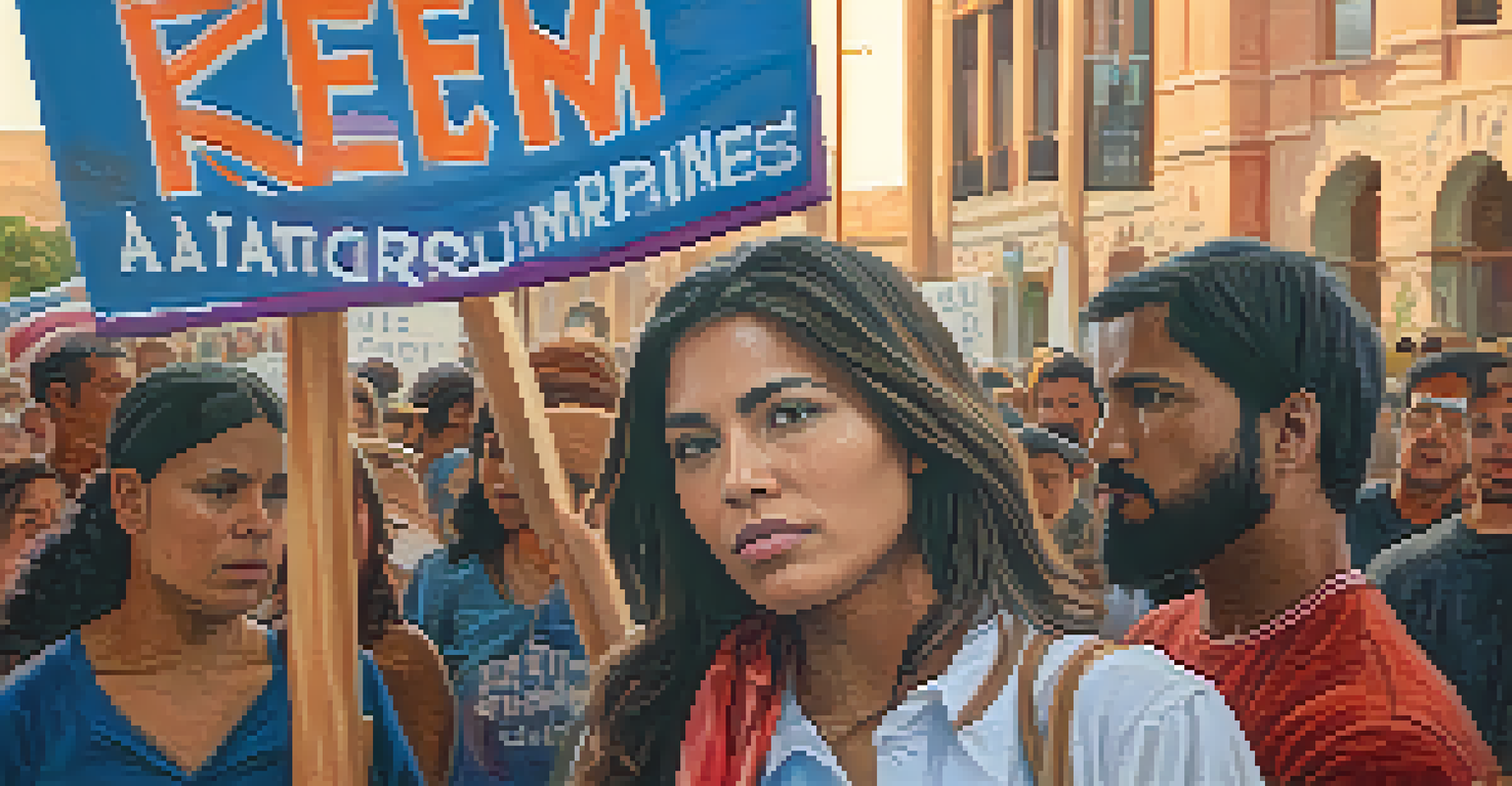 A close-up of a woman activist holding a sign for immigrant rights, with a blurred crowd in the background.
