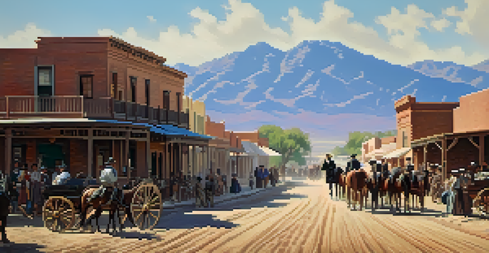 A historical depiction of Tucson in the 1800s with horse-drawn wagons and adobe buildings under a clear sky.