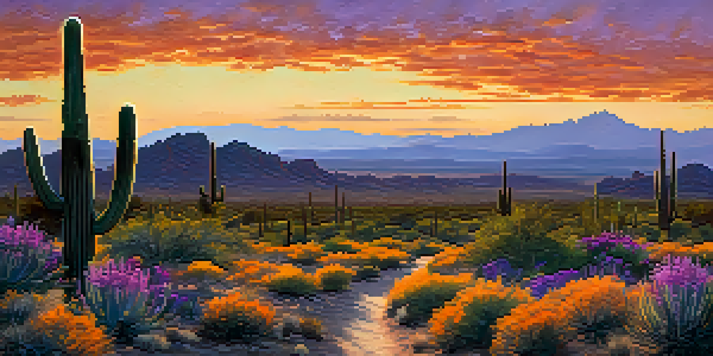 A sunset view over Saguaro National Park with silhouetted cacti and colorful sky.
