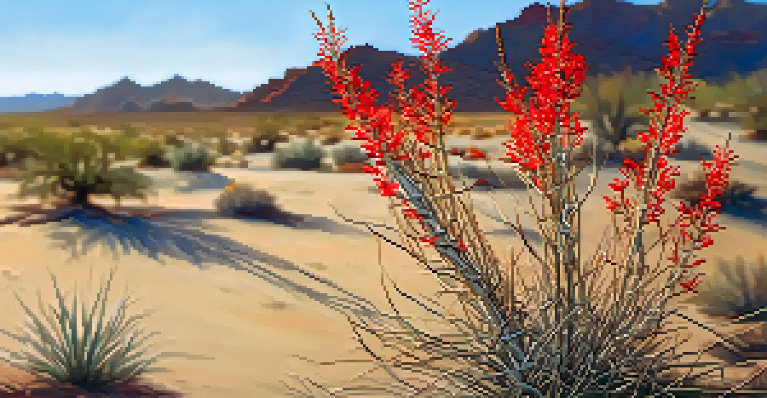 A close-up of an Ocotillo plant with red flowers set against a softly blurred desert background.