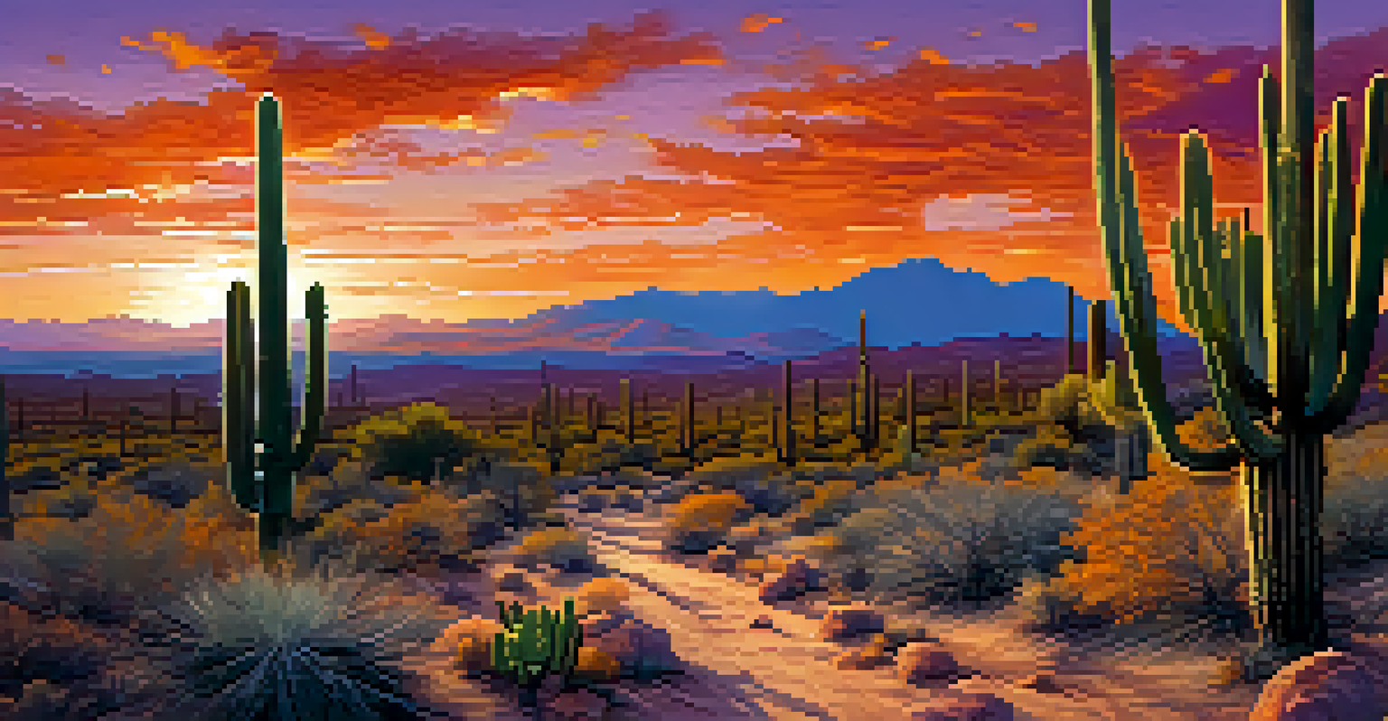 A sunset view of Saguaro National Park with silhouetted cacti against a colorful sky.