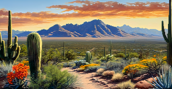 A wide landscape view of Tucson Mountain Park featuring mountains, cacti, and a clear sky.