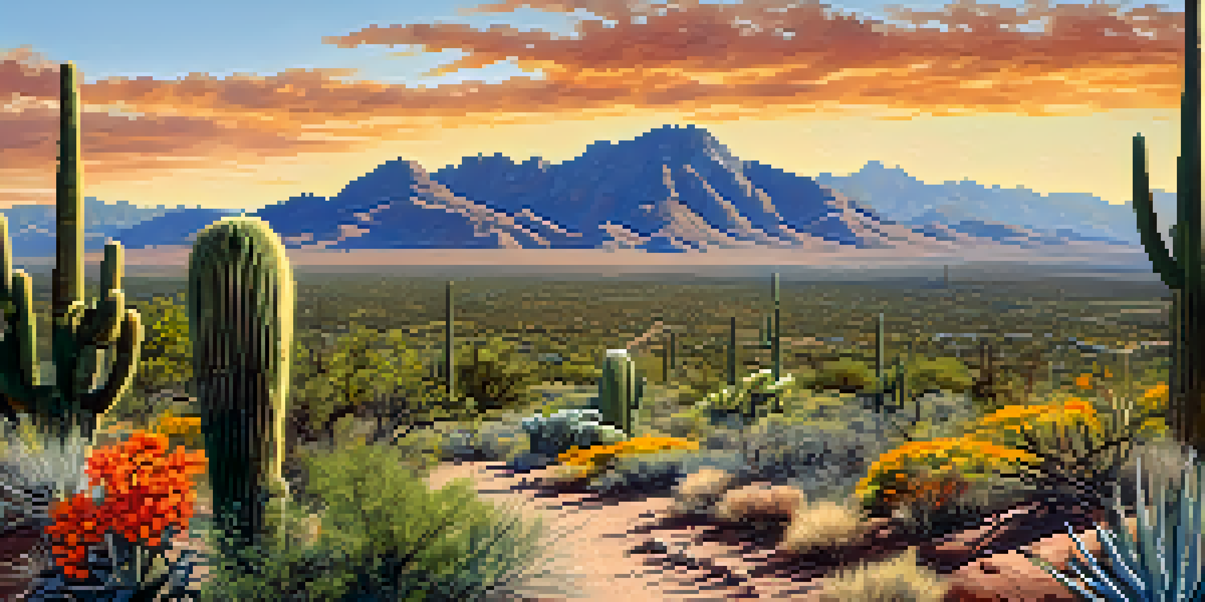 A wide landscape view of Tucson Mountain Park featuring mountains, cacti, and a clear sky.