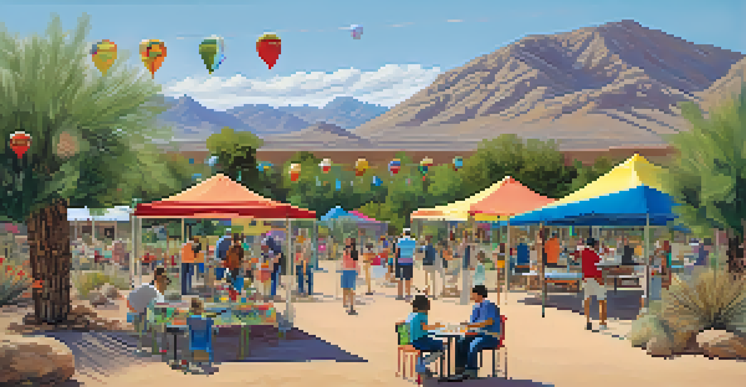 A community event in a park in Tucson, Arizona, with families enjoying activities against a backdrop of mountains and desert vegetation.