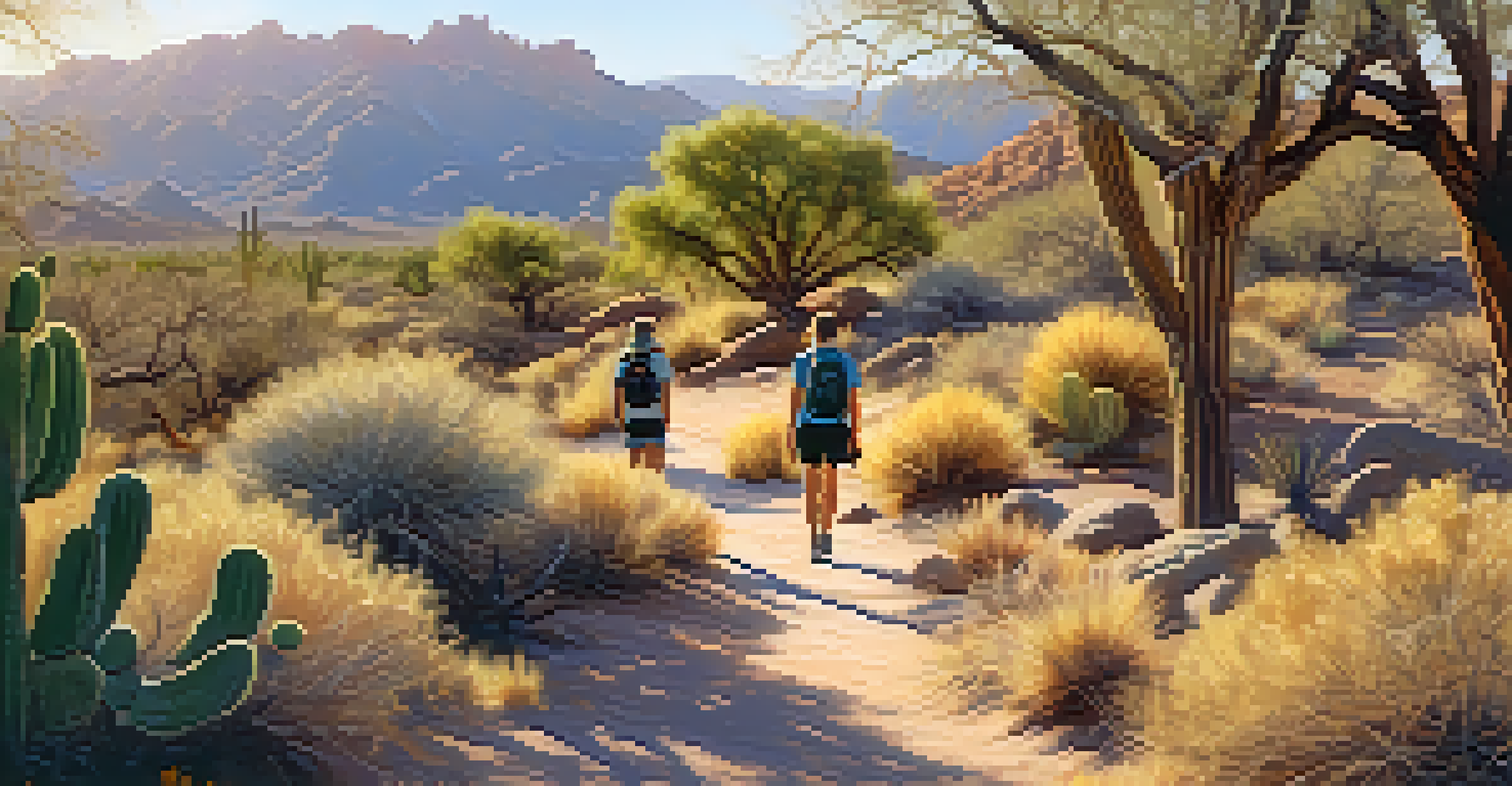 Hikers on a winding trail in Tucson's desert parks during early morning light, surrounded by cacti and rocky terrain.