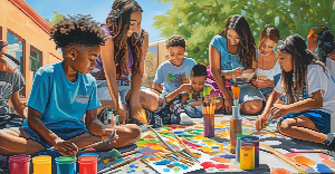 A community art workshop with diverse young artists working together on a colorful mural under a sunny sky.