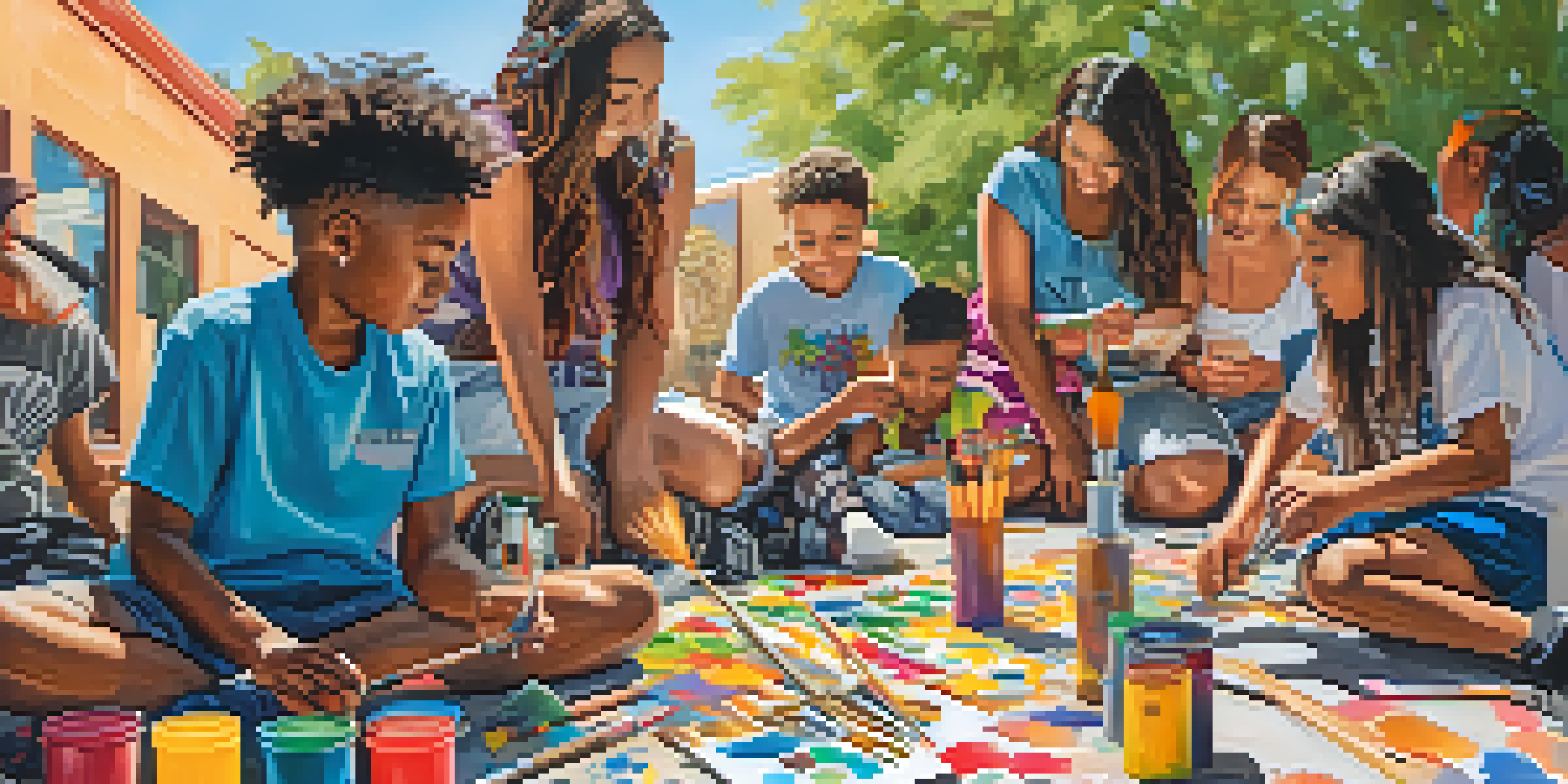 A community art workshop with diverse young artists working together on a colorful mural under a sunny sky.