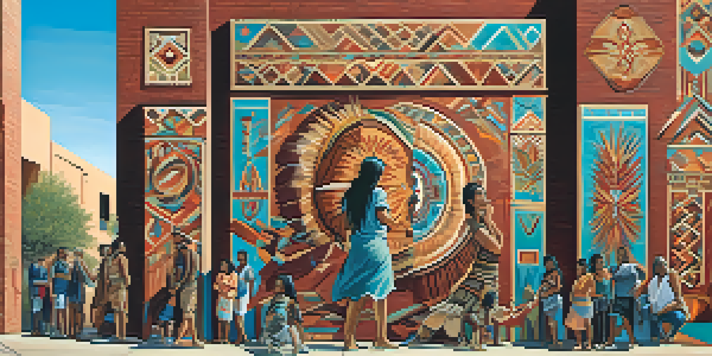 A colorful mural illustrates Native American heritage, with community members admiring it under a bright sky.