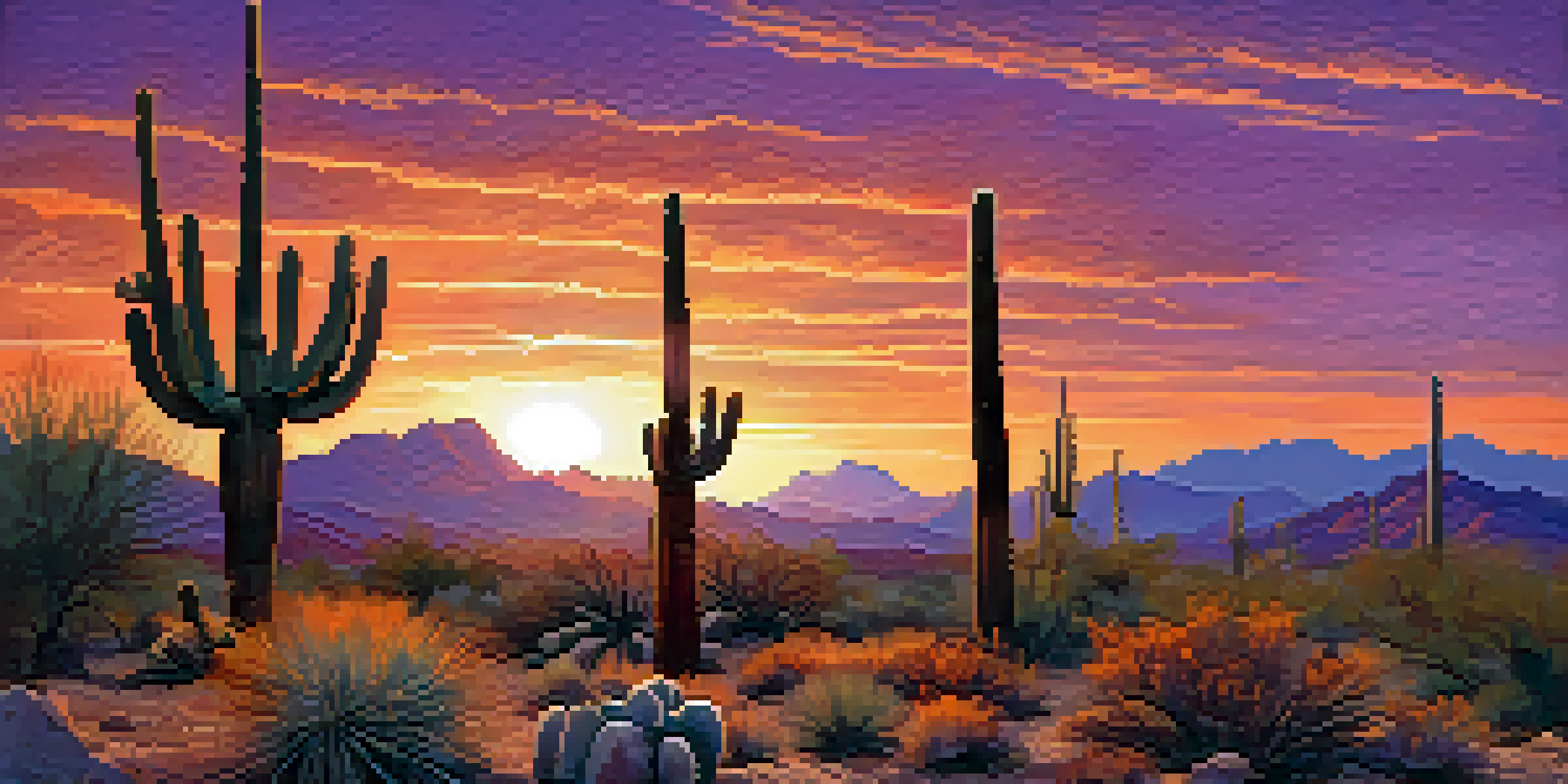 A sunset view of Saguaro National Park, featuring tall cacti silhouetted against an orange and purple sky with rocky terrain and distant mountains.