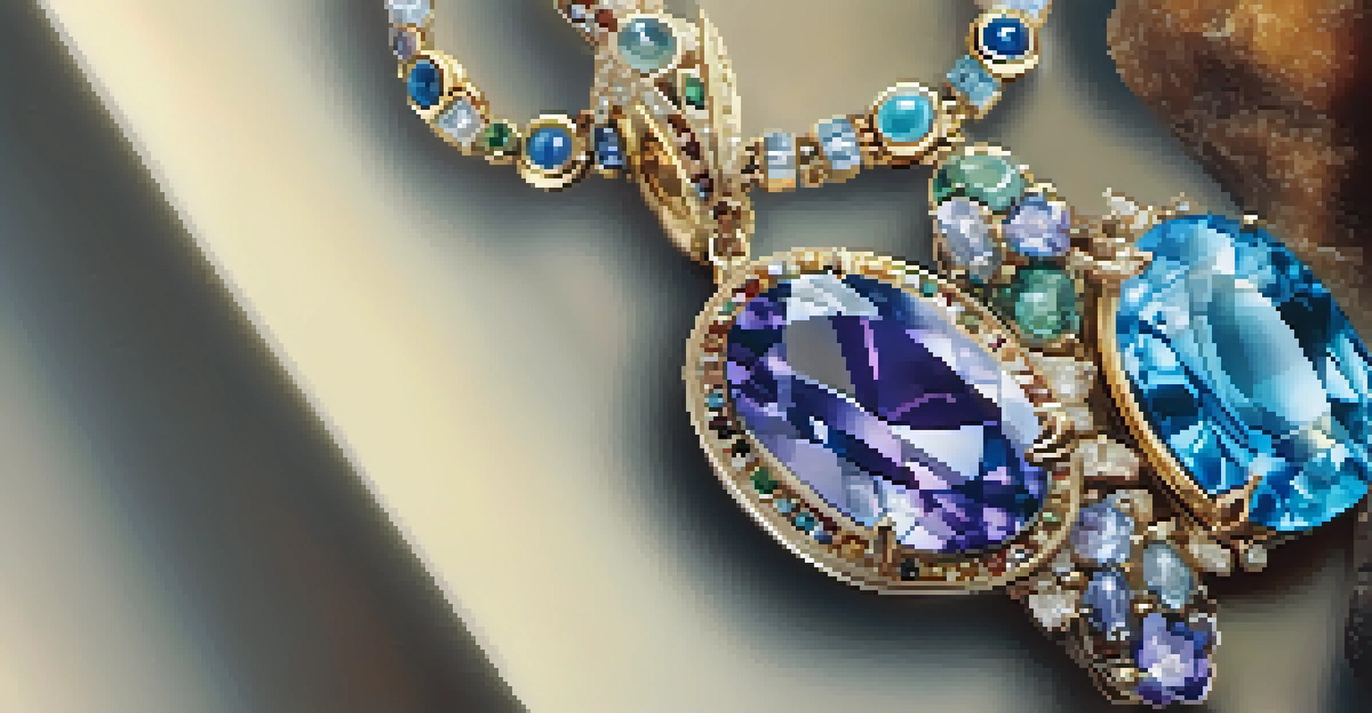 A close-up of unique handcrafted jewelry made from rare gemstones, showcasing intricate design and vibrant colors.