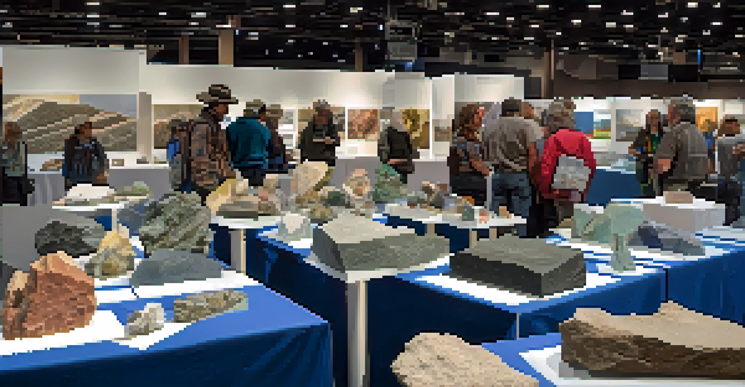 An educational display with geological specimens, rocks, and fossils, with visitors listening to an expert at a gem and mineral show.