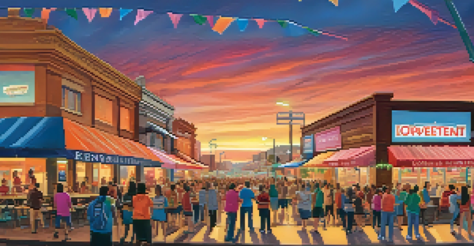 A lively downtown Tucson scene filled with fans celebrating during a major sporting event, with colorful banners and local eateries under a sunset sky.