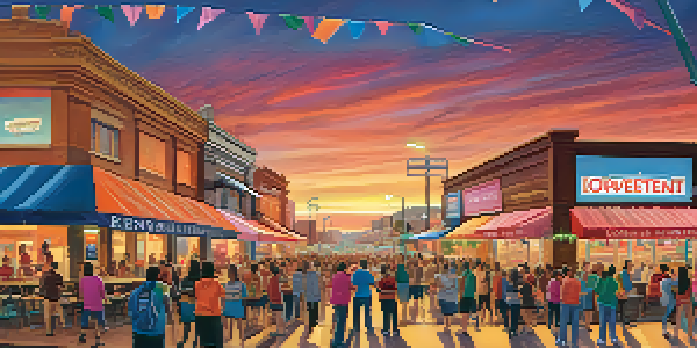 A lively downtown Tucson scene filled with fans celebrating during a major sporting event, with colorful banners and local eateries under a sunset sky.