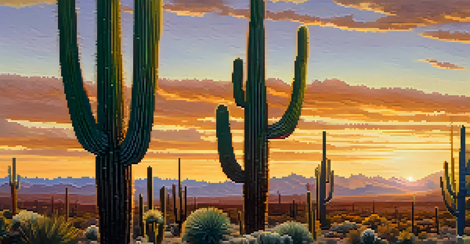 A tall saguaro cactus with detailed spines silhouetted against a colorful sunset, with bees hovering around its flowers.