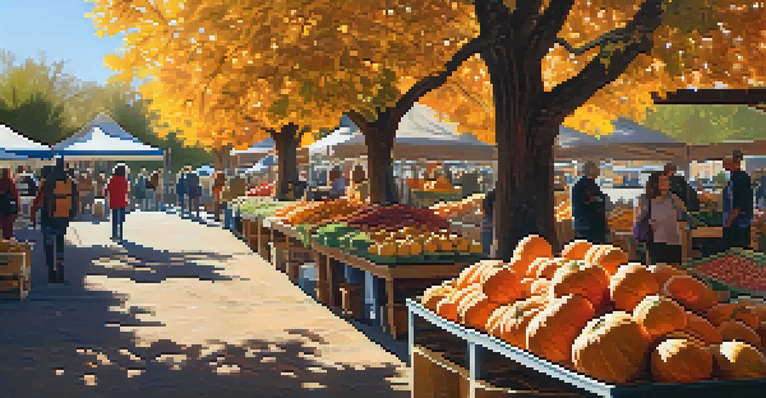An autumn farmers' market featuring squashes and root vegetables with a warm, inviting atmosphere and families shopping.