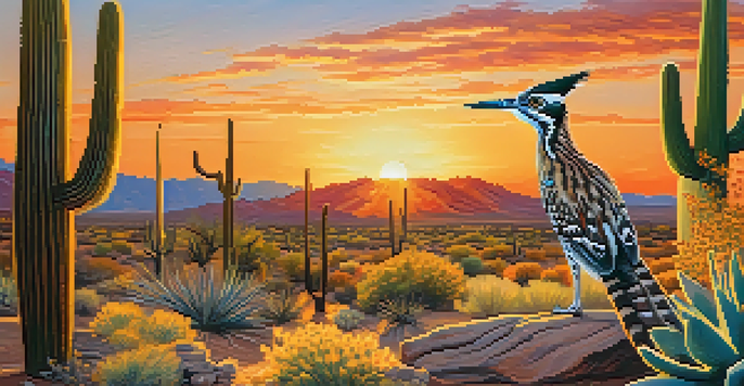 A colorful desert scene with native animals and blooming plants at the Arizona-Sonora Desert Museum during sunset.