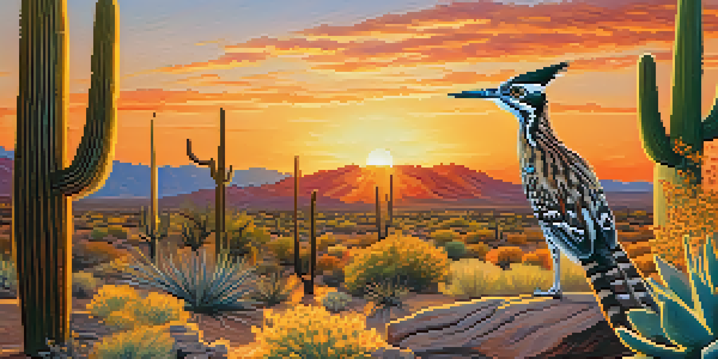 A colorful desert scene with native animals and blooming plants at the Arizona-Sonora Desert Museum during sunset.