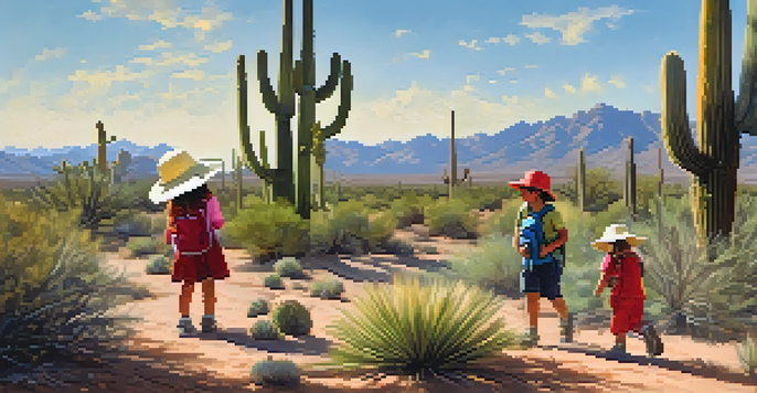Children exploring nature in a bright desert landscape, surrounded by cacti and wildflowers under the warm sun.