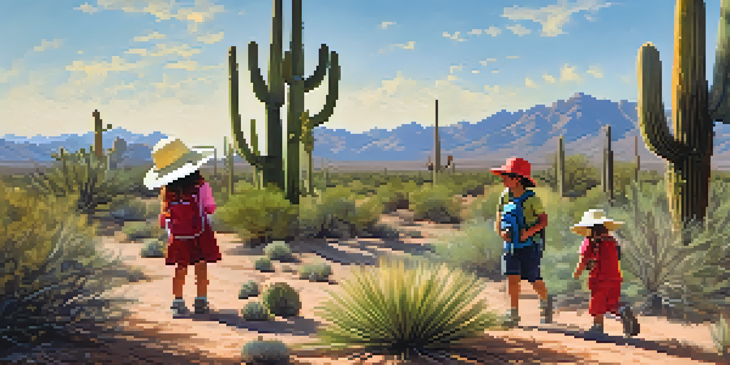 Children exploring nature in a bright desert landscape, surrounded by cacti and wildflowers under the warm sun.