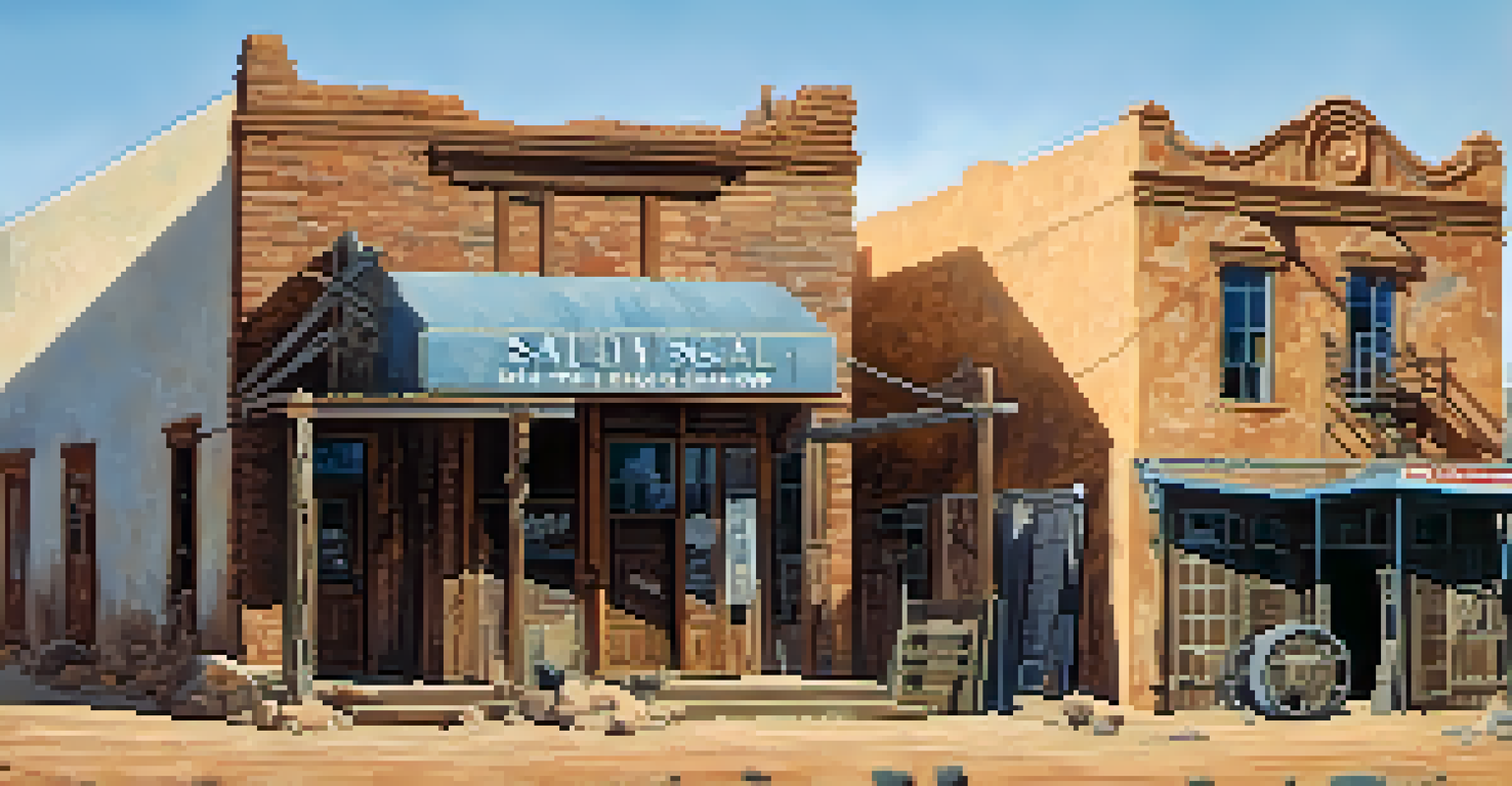 A scene of Old Tucson Studios with crumbling buildings and dramatic shadows, evoking nostalgia.