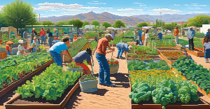 A lively community garden in Tucson with people gardening, colorful plants, and a sunny sky.