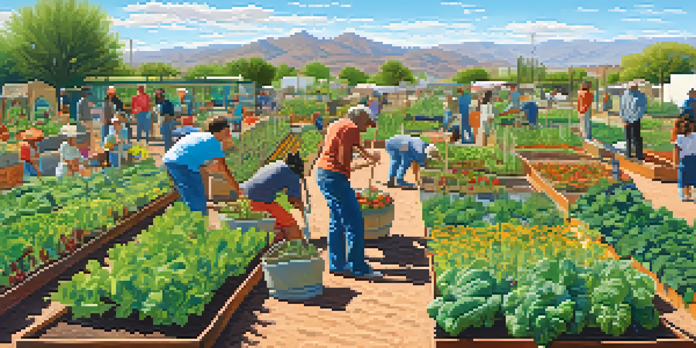 A lively community garden in Tucson with people gardening, colorful plants, and a sunny sky.