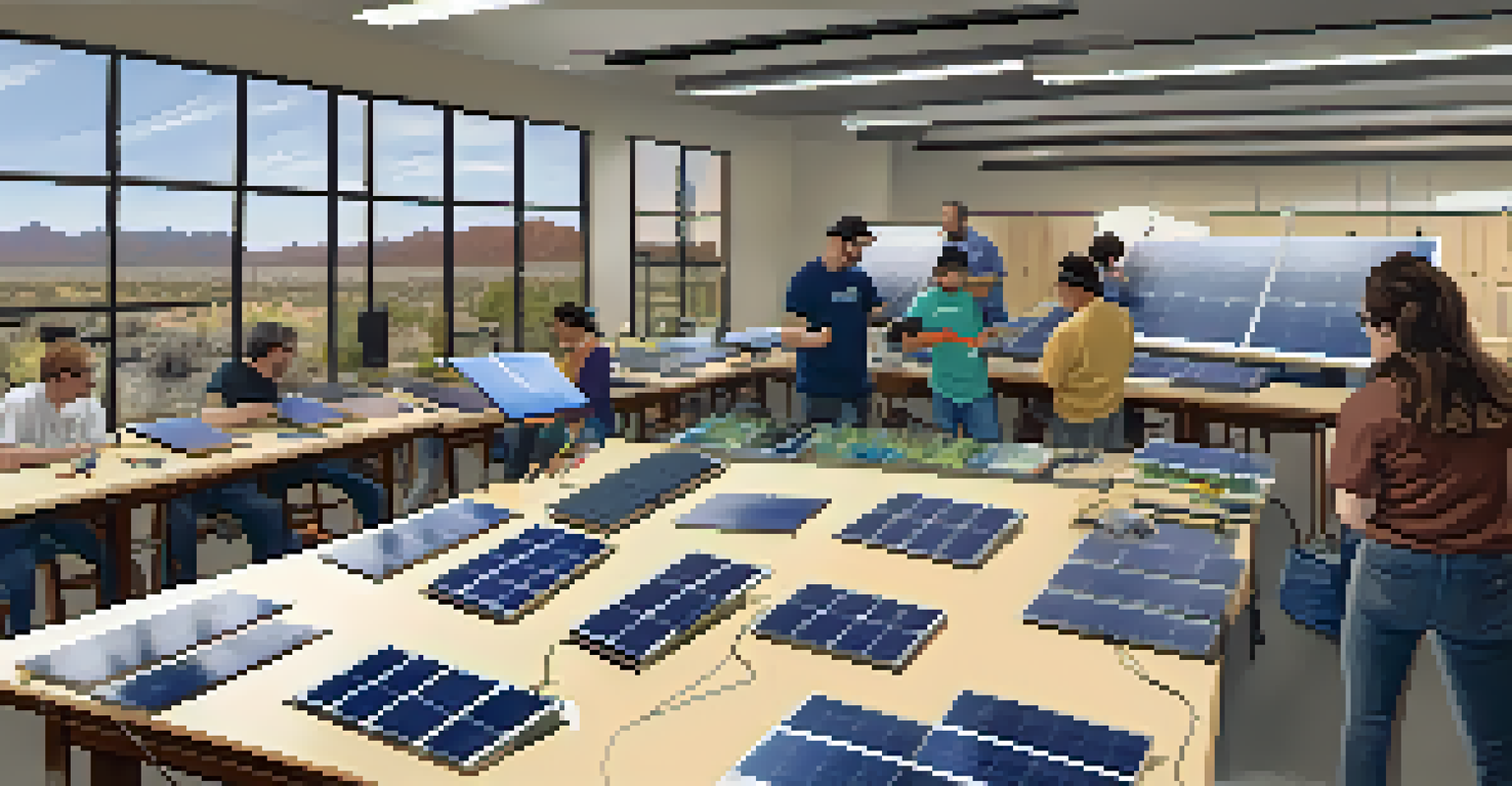 Students participating in a hands-on solar energy training workshop, with equipment and an instructor demonstrating in a well-lit room.