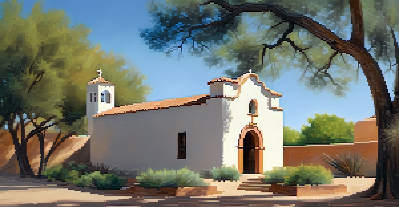 Exterior view of El Presidio Chapel surrounded by desert plants and soft sunlight.