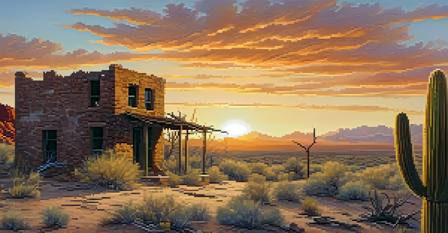 An abandoned mining town of Pearce with crumbling structures and desert vegetation, illuminated by the setting sun.