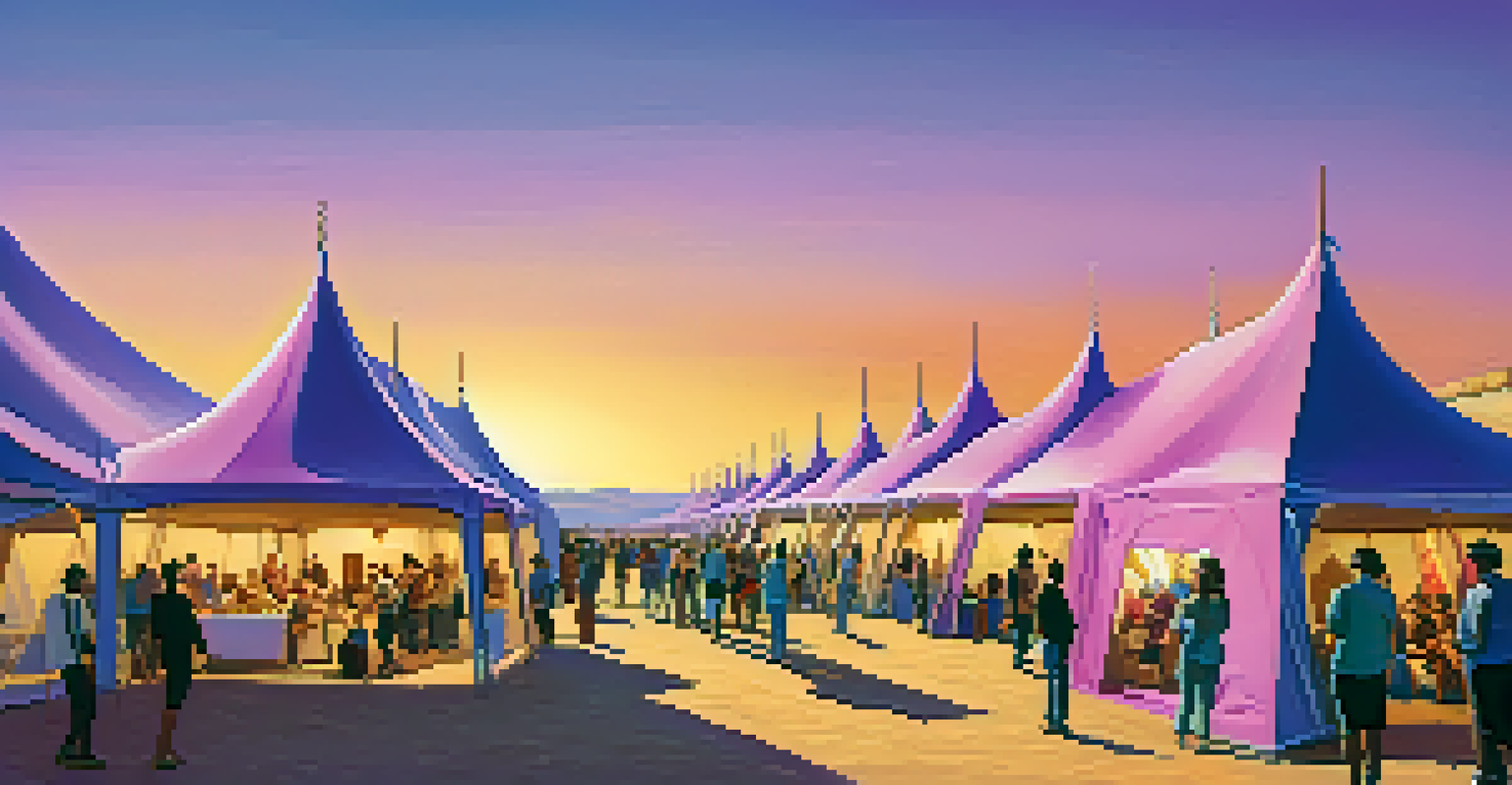 An outdoor art festival with artists and attendees, set against a desert landscape during sunset.