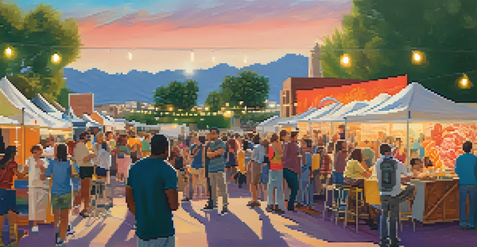 A lively outdoor scene at Tucson's Film Festival, with a diverse crowd watching a film on a large screen, surrounded by colorful banners and food trucks.