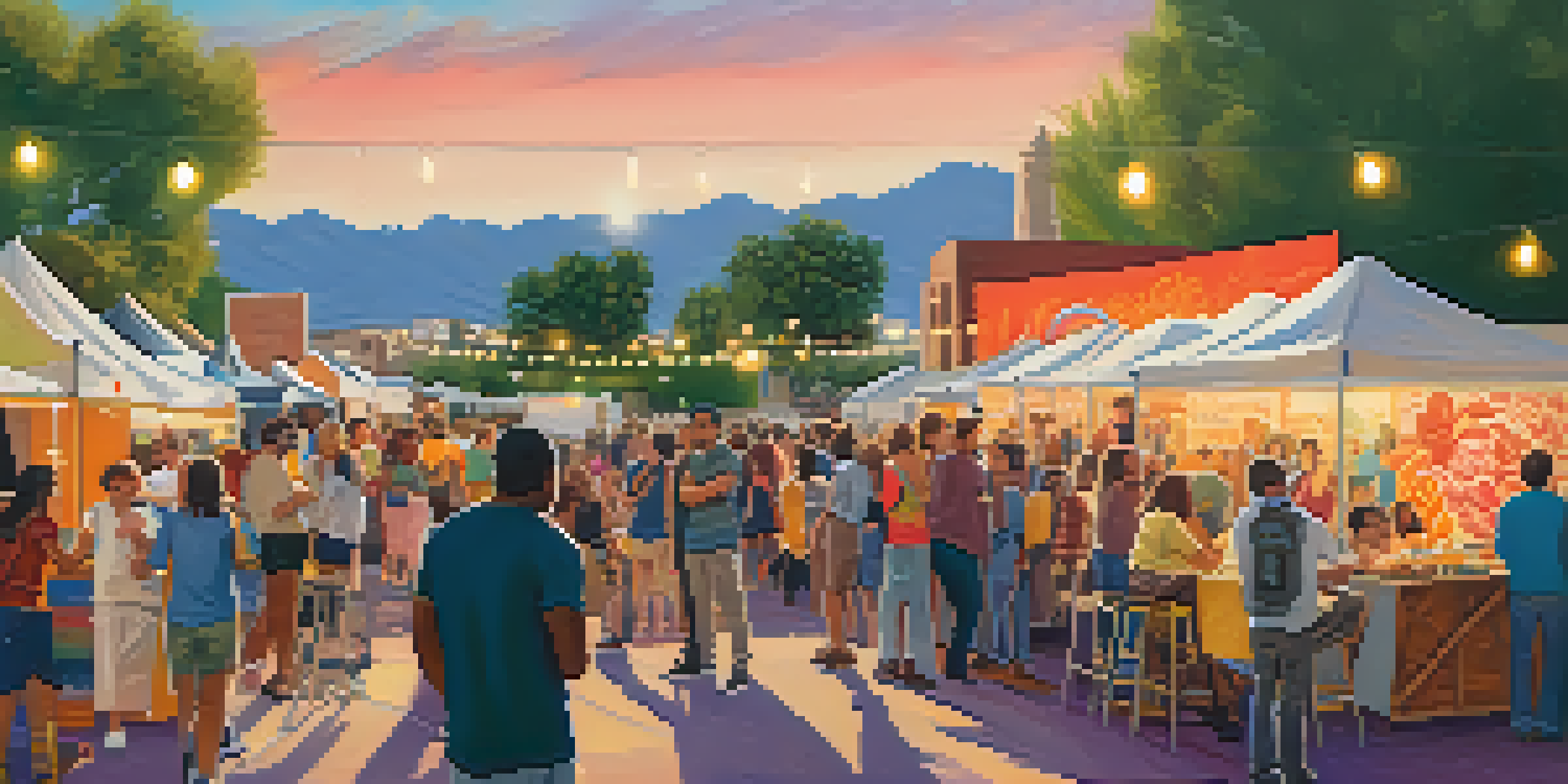 A lively outdoor scene at Tucson's Film Festival, with a diverse crowd watching a film on a large screen, surrounded by colorful banners and food trucks.