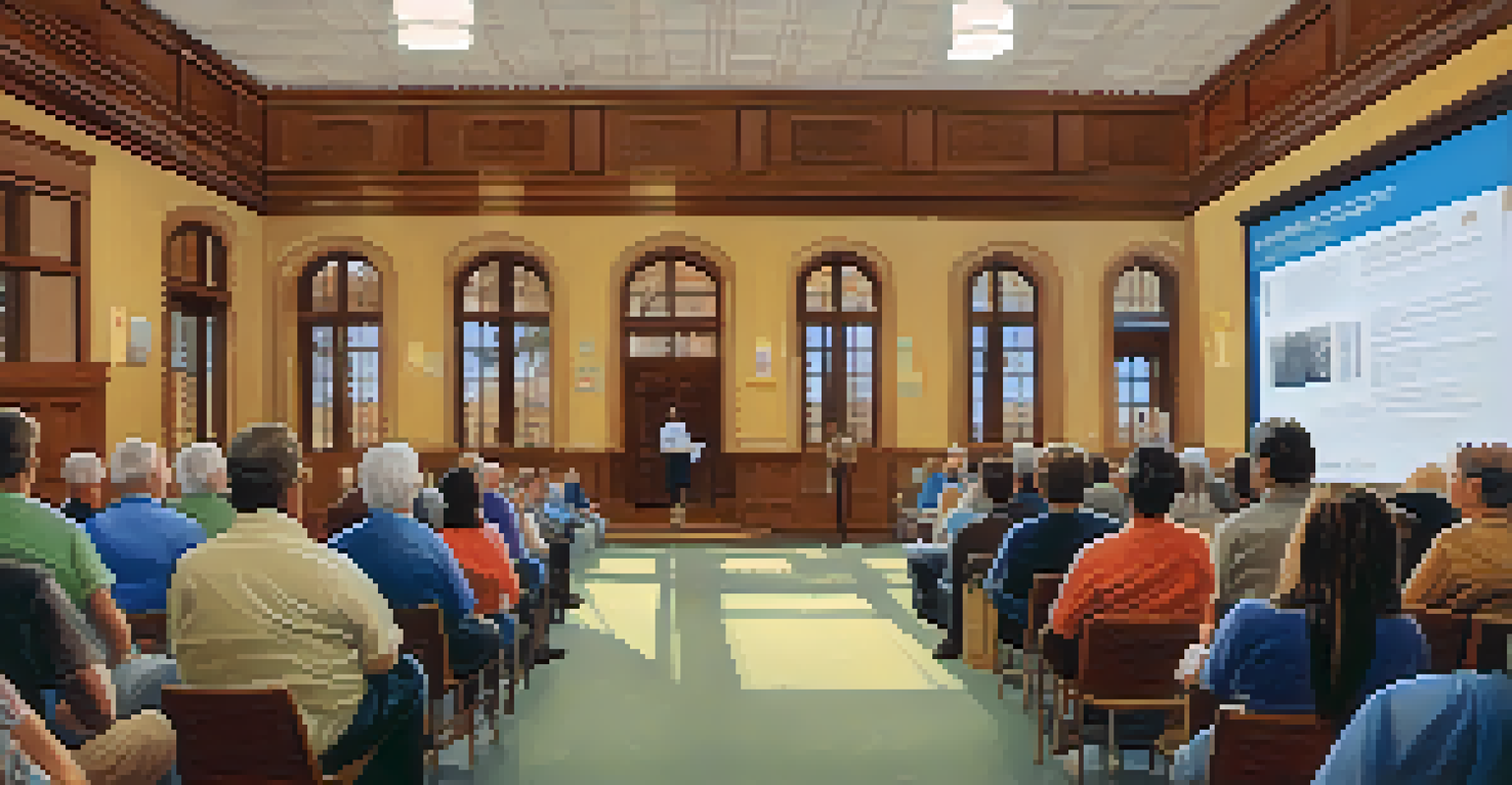 A town hall meeting in Tucson with engaged citizens discussing internet policies, surrounded by posters about digital rights.