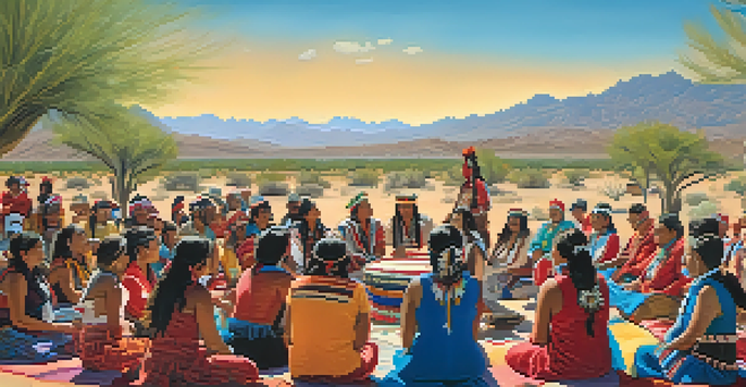 A community gathering in Tucson with people in traditional attire celebrating Indigenous languages, surrounded by desert landscapes.