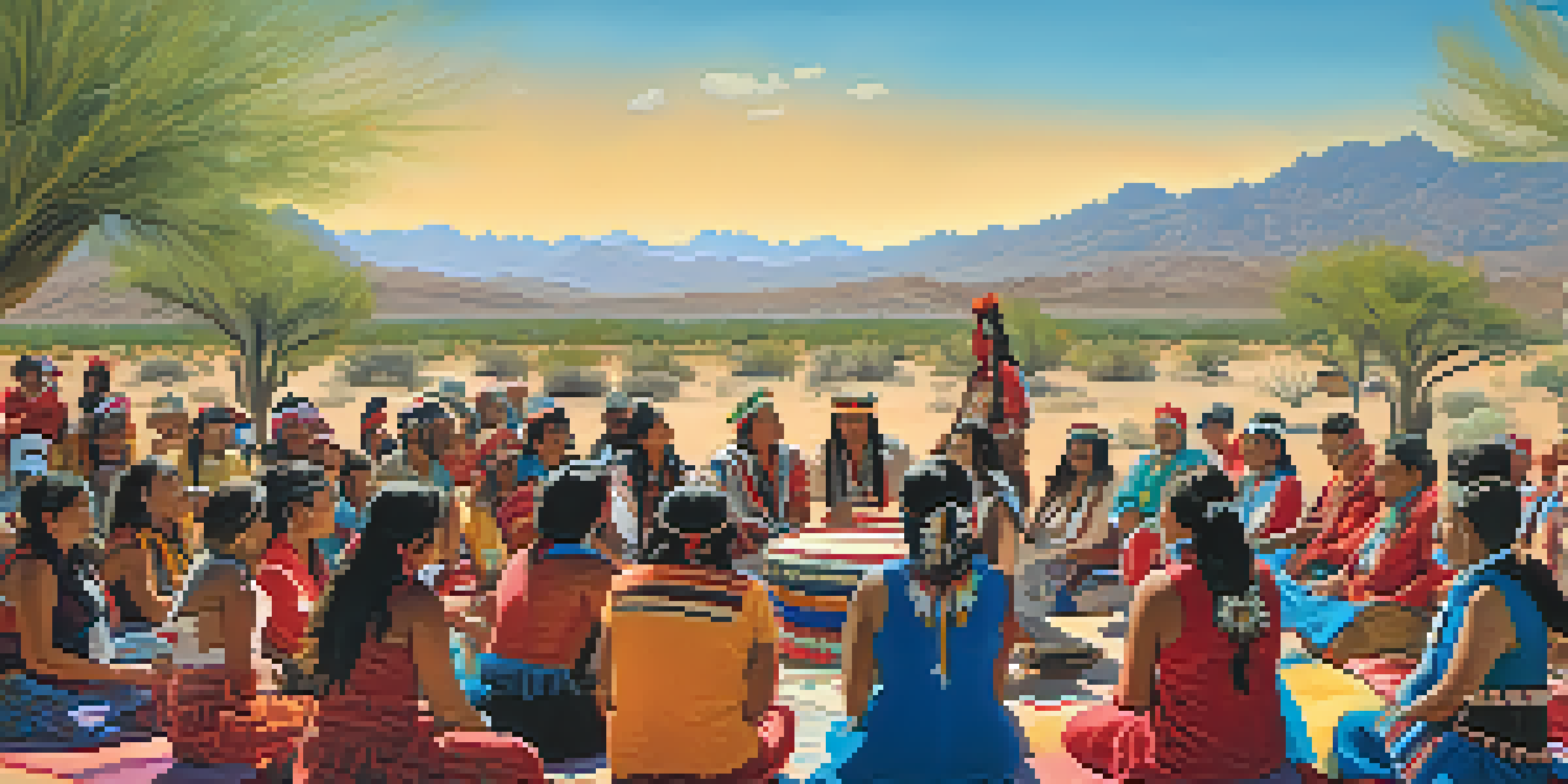 A community gathering in Tucson with people in traditional attire celebrating Indigenous languages, surrounded by desert landscapes.