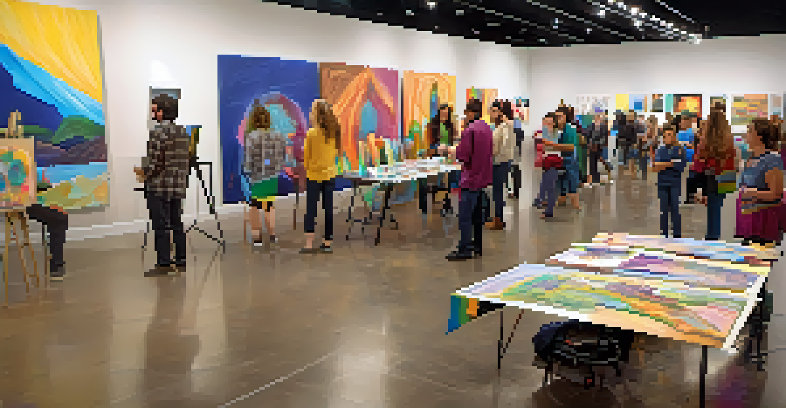 A vibrant art showcase event with young artists presenting their works in a community center, surrounded by attendees.