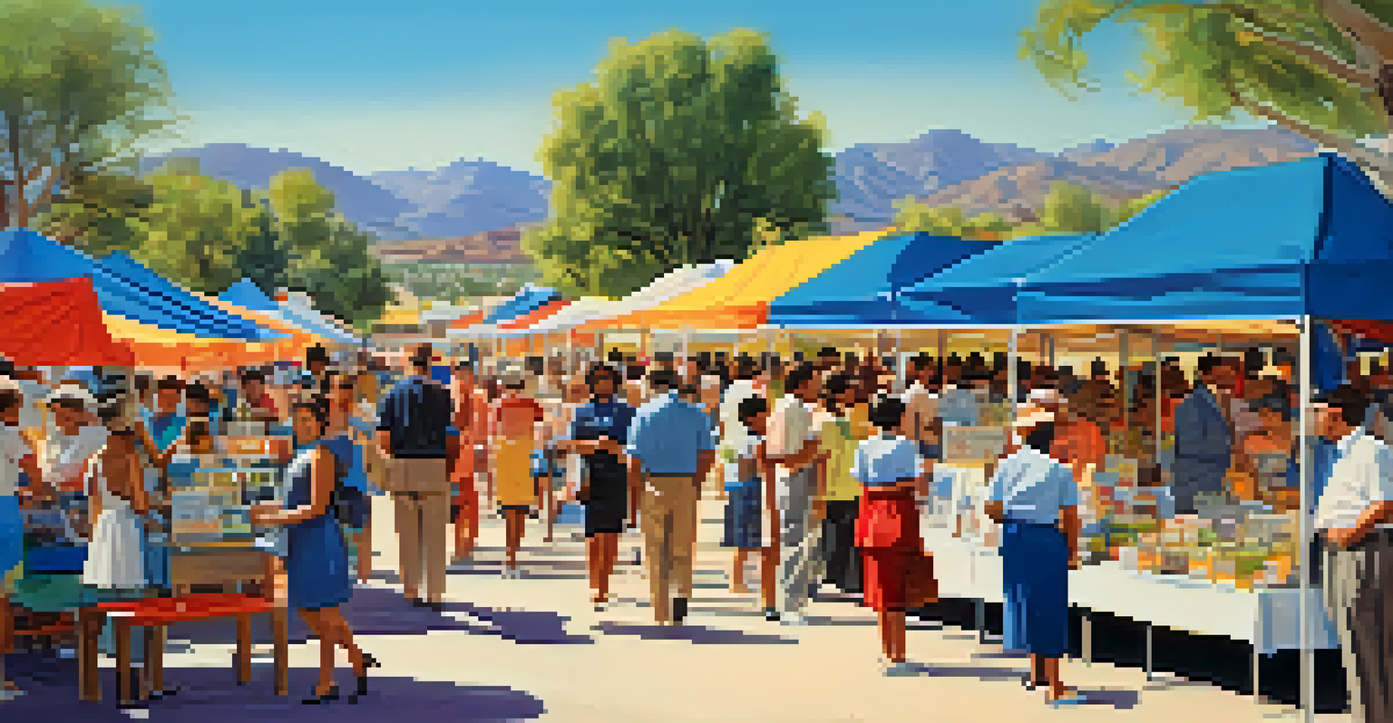 A lively health fair in Tucson in the 1960s, showcasing diverse community members at colorful booths focused on maternal and child health under a clear blue sky.