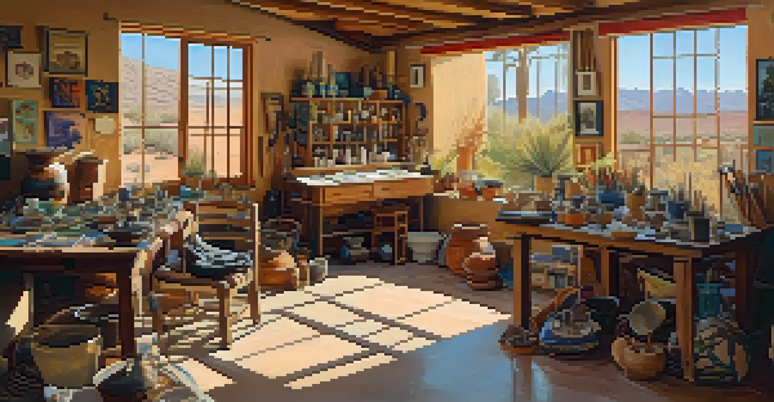 An artist's studio in Tucson filled with pottery, fabrics, and art supplies, illuminated by warm sunlight from large windows.