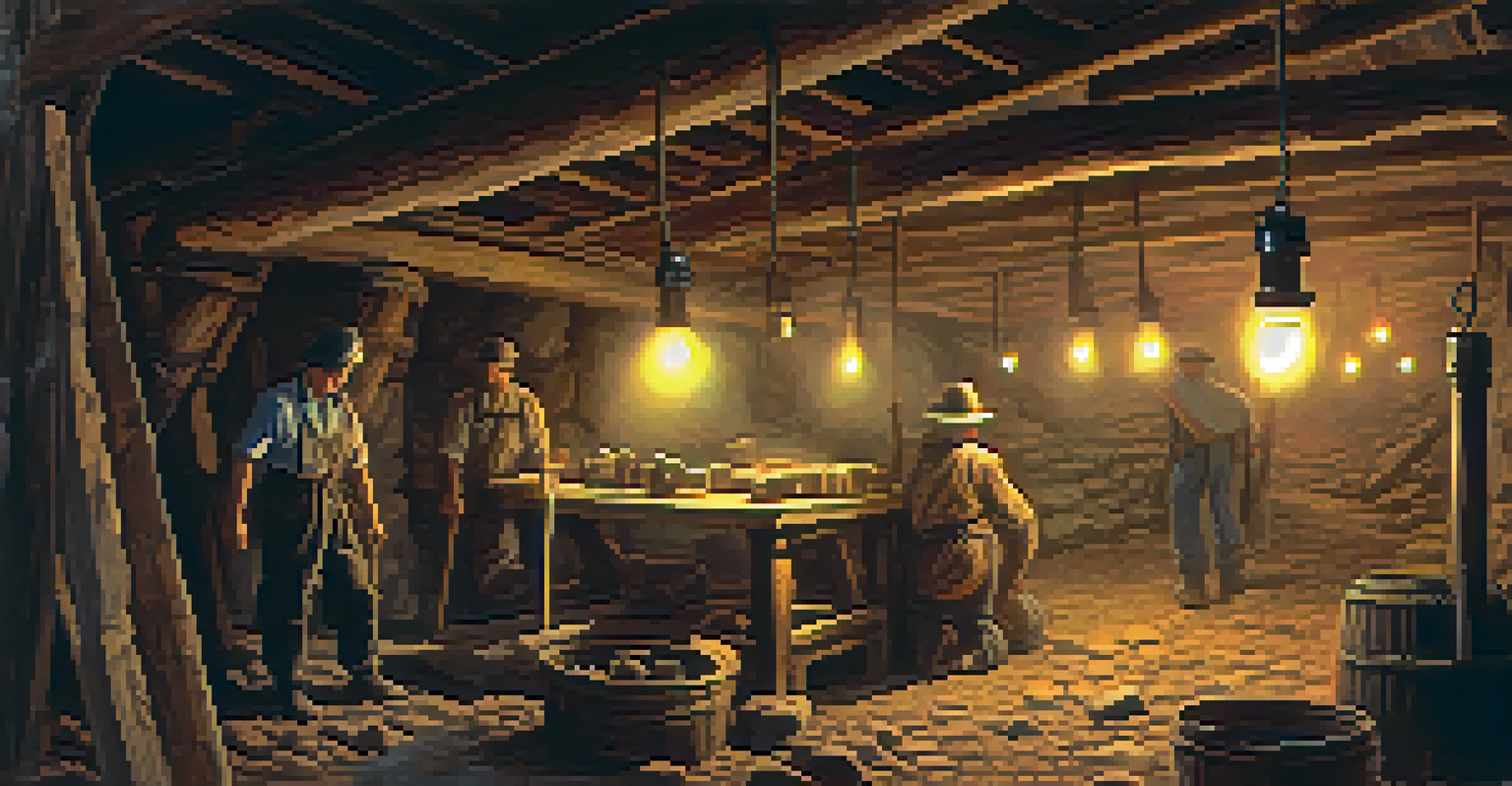 An underground mine scene with miners in vintage clothing working under warm lantern light.